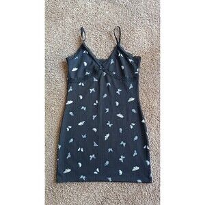 H&M Mini Slip Dress Sz Medium  Black Butterflies Ribbed Divided 90s Y2K Bodycon